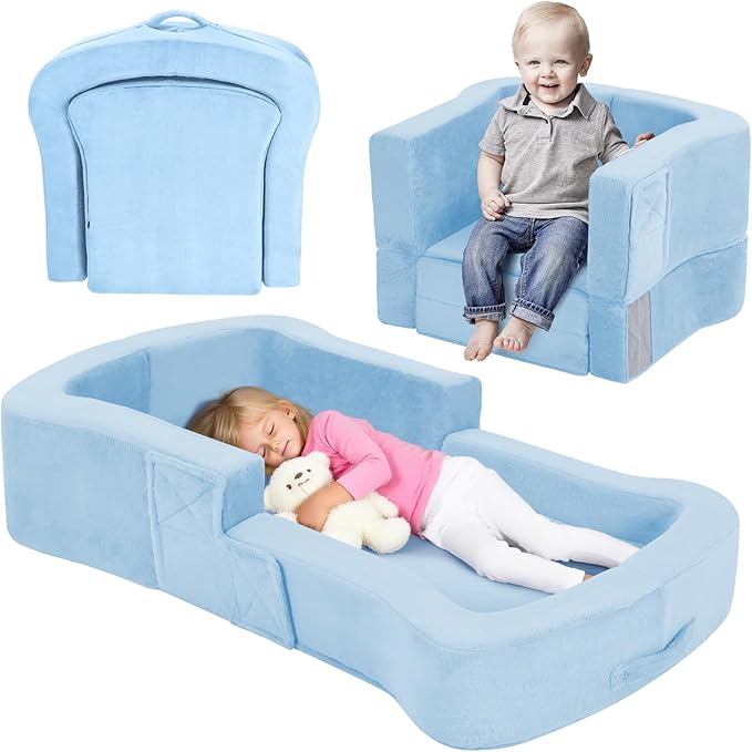 Portable Toddler Travel Bed, 2-in-1 Foldable Toddler Bed Sofa Chair, Soft Baby Kids Travel Floor Cot with Washable Covers Safety Foam Raised Bumper for Grandma's House Road Trips Camping Hotel (Blue)