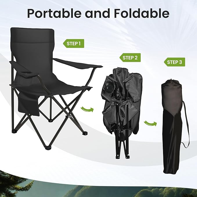 Portable Camping Chair 2 Pack, Folding Outdoor Chair with Cup Holder & Side Pocket for Camping (Black, 2 Pack)