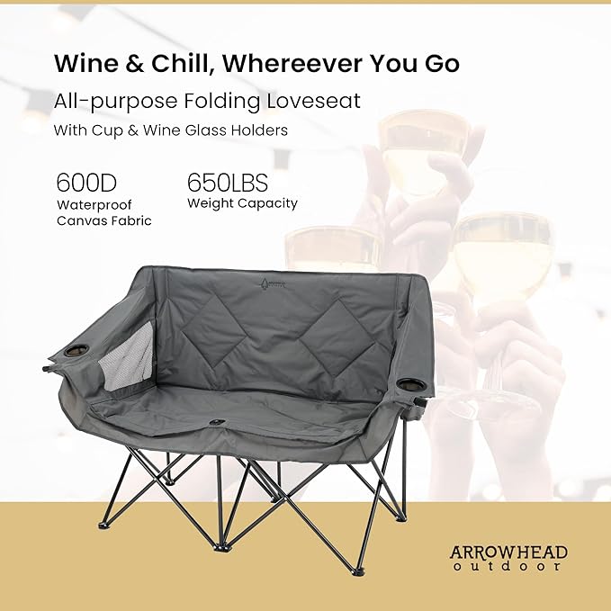 ARROWHEAD OUTDOOR Portable Folding Double Duo Camping Chair Loveseat w/ 2 Cup & Wine Glass Holder, Carrying Bag, Supports up to 500lbs