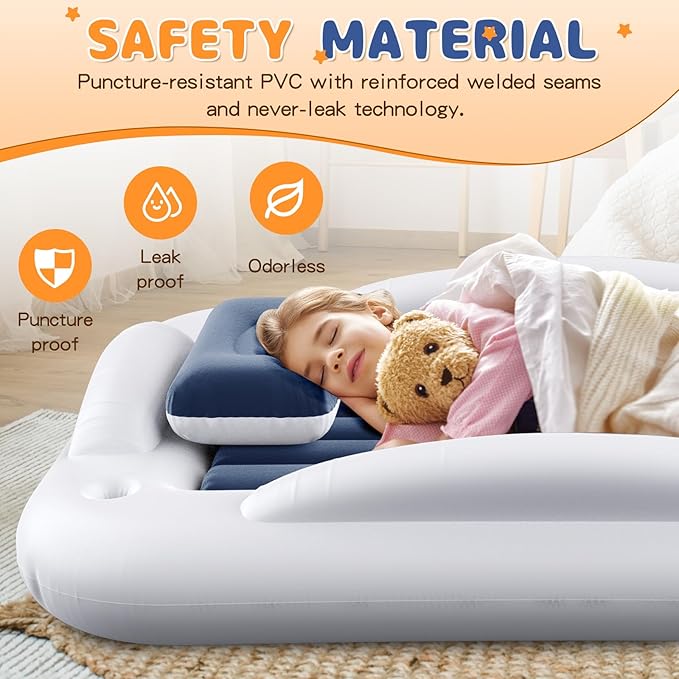 Inflatable Toddler Travel Bed - Portable Toddler Kids Travel Bed with Safety Sides Complete Kids Air Mattress Set with High-Speed Pump, Ideal for Vacation Camping and Sleepover (60 Inches)