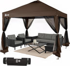 CROWN SHADES Gazebo 10x10 Pop Up Canopy with Mosquito Netting, Screen Tent with 4 Ropes, 8 Stakes, 4 Sandbags and Wheeled Storage Bag, Canopy for Patio & Backyard Parties,Camping&Events -(Coffee)