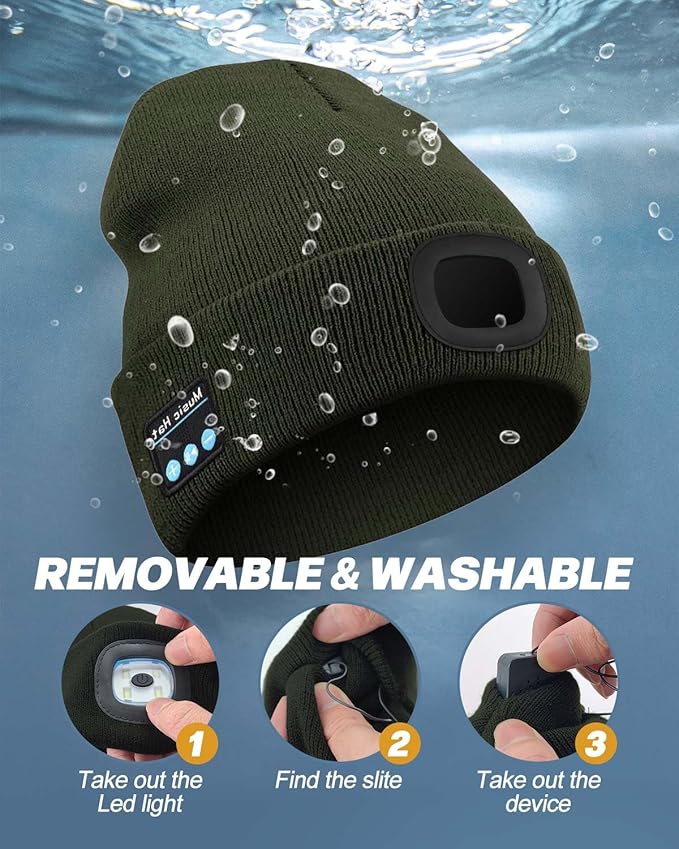 Bluetooth Beanie with Light, USB Rechargeable LED Headlamp Winter Hat, Men Women Valentine's Day Gifts