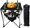 OVENTE Collapsible Folding Camping Table with Insulated Cooler, 4 Cup Holders, Food Basket and Travel Bag, Portable Tailgating Table for Fishing, Outdoor Barbecue or Beach Parties, Black POTC0014B