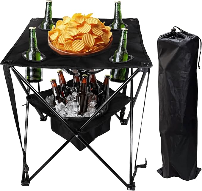 OVENTE Collapsible Folding Camping Table with Insulated Cooler, 4 Cup Holders, Food Basket and Travel Bag, Portable Tailgating Table for Fishing, Outdoor Barbecue or Beach Parties, Black POTC0014B