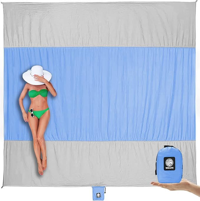 WEKAPO Beach Blanket Sandproof Waterproof, Extra Large Beach Mat, Oversized & Compact Sand Free, Quick Drying Beach Essentials for Vacation, Cruise, Picnic & Camping with Stakes