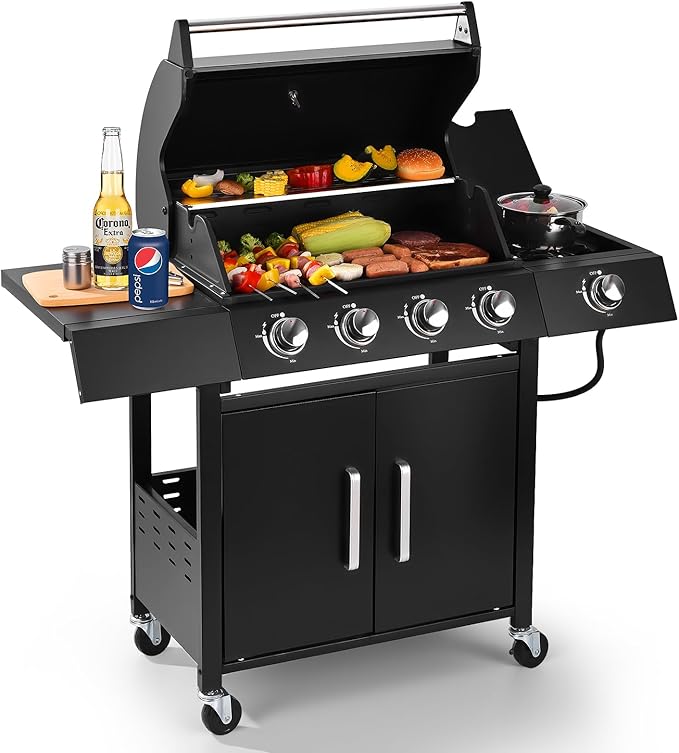 4-Burner w/Side Burner Gas Grill with 292 SQ.IN. Outdoor Grill with 44,000 BTU,Propane Grills with Top Cover Lid,Grills Outdoor Cooking for Patios,Camping,Balcony-Q043