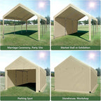 10x20 FT Heavy Duty Carport Car Tent Car Canopy Storage Shed, Portable Garage with Removable Sidewalls & Doors All-Season Tarp for Car,Truck,SUV,Party Beige