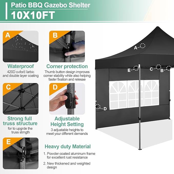 COBIZI 10x10 Pop Up Canopy Tent with 4 sidewalls Commercial Heavy Duty Canopy UPF 50+ All Weather Waterproof Outdoor Canopy Wedding Tents for Parties Gazebo with Roller Bag, Black (Windproof Upgraded)