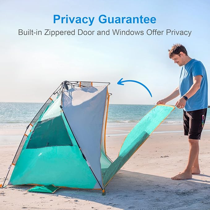 Wolfwise Instant Beach Tent Sun Shelter with Zippered Extendable Porch for Privacy, Portable Beach Tents with Carrying Bag, Easy Setup Pop up Shade for 3-4 Person, 85 x45x49 in, Mint Green