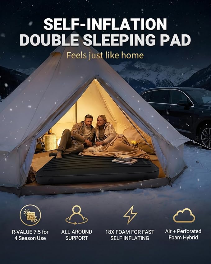 KingCamp Premium Double Self Inflating Sleeping Pad, 7.5 R-Value Air & Foam Camping Mattress 2 Person, 3" Thick Double Size Insulated Sleeping Pad with Pump Sack for Car Camp Tent, PVC Free, Black