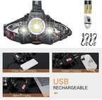 BORUIT RJ-3000 Headlamp Rechargeable, LED Head Lamp Super Bright - Outdoor Headlight 4 Modes, 4 Helmet Clips, Waterproof Construction Hard Hat Head Light for Adults Camping Hiking Hunting