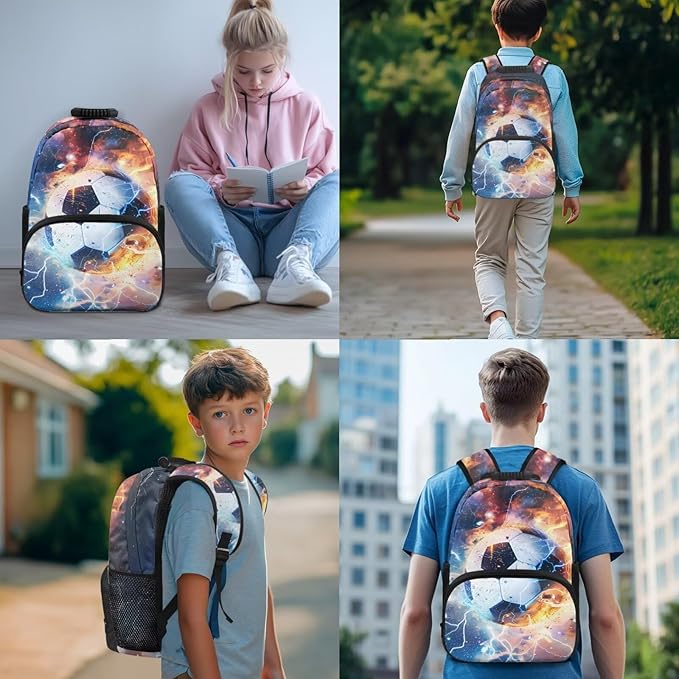 Soccer Backpack with Lunch Box Lightning Bookbag Fashion Lightweight Bookbag for Boys 8-12 with Lunch Box 4 Piece School Bag for Boys 10-12 Outdoor Camping Travel Daypack