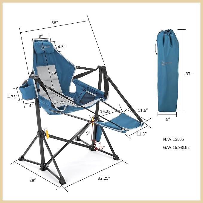 Arrowhead Outdoor Folding Hammock Camp Chair with Detachable Footrest, Stabilized Feet, Padded Headrest and Seat, Large Cup Holders, 300 LBS Weight Capacity, for Camping, Beach, Tailgating
