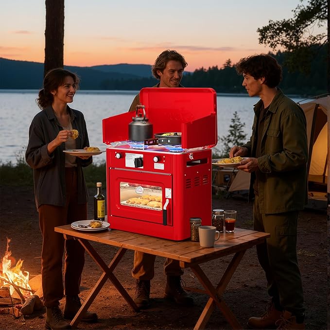 ROVSUN 2-in-1 Portable Camping Stove & Propane Oven with Piezo Igniter, 2 Burner Stove & Outdoor Oven with Adjustable Fire, Thermometer, Wind Panel & Regulator for Traveling, Tailgating (Red)