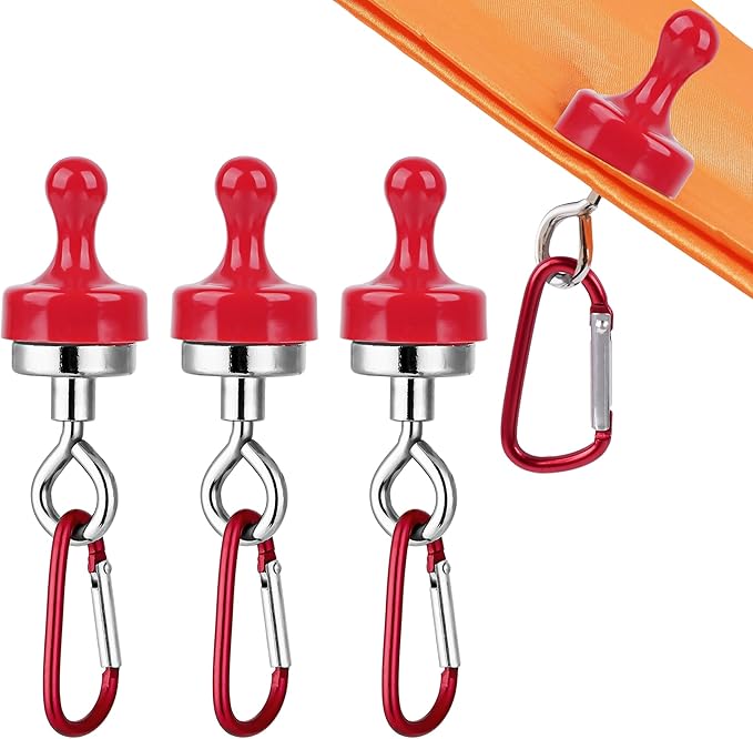4Pcs Heavy Duty Magnetic Hooks - Aluminum Alloy Camping Hooks with Adjustable Carabiner and Loop for Outdoor Hanging, Tent Accessories (Red)