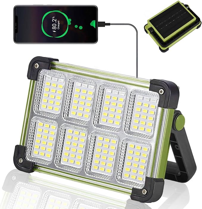 120W Solar Rechargeable Work Light, 144 LED Portable Flood Light with Stand, IP66 Waterproof 4 Modes LED Job Site Lighting Flashlights for Mechanic Camping Fishing Car Repair(Green 1 Pack)