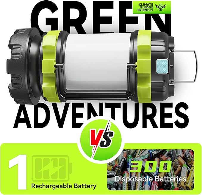 AlpsWolf Rechargeable Flashlight, 6 Modes Camping Flashlight LED Camping Lantern for Power Outage, Flashlight for Home, Emergency, Green