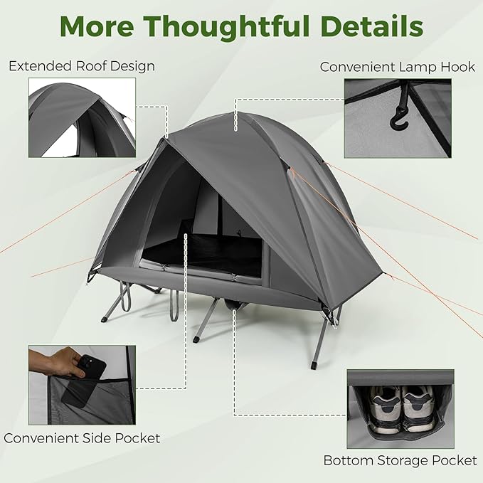 Tangkula 2 Person Tent Cot, Portable Off Ground Elevated Camping Tent with Cot, Removable Rainfly, Wheeled Bag, Stakes & Wind Ropes for Beach, Picnic, Hiking, Travel