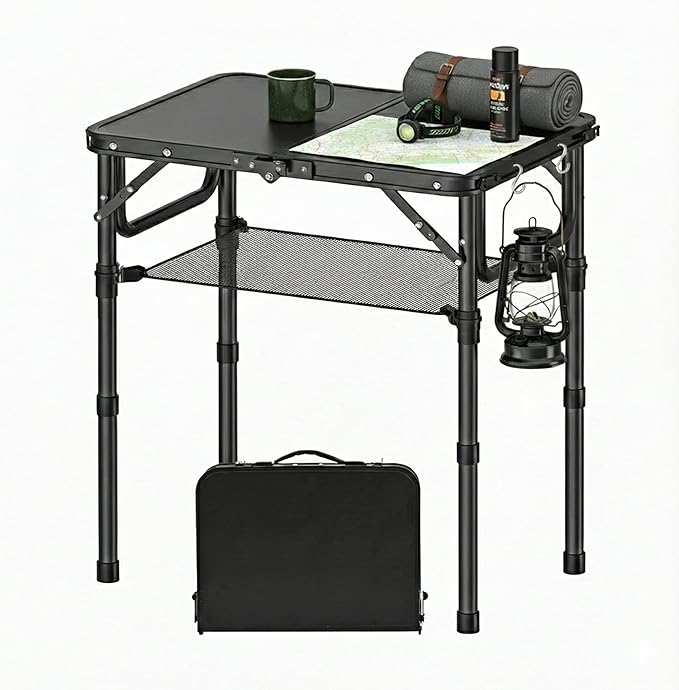 Small Folding Camping Table with Storage Net, 3 Adjustable Heights Foldable Table Lightweight & Portable with Carry Handle for Outdoor Indoor, Pure Black