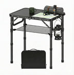 Small Folding Camping Table with Storage Net, 3 Adjustable Heights Foldable Table Lightweight & Portable with Carry Handle for Outdoor Indoor, Pure Black