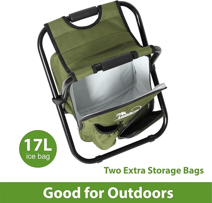 LEADALLWAY Fishing Chair with Cooler Bag Compact Fishing Stool Foldable Camping Chair