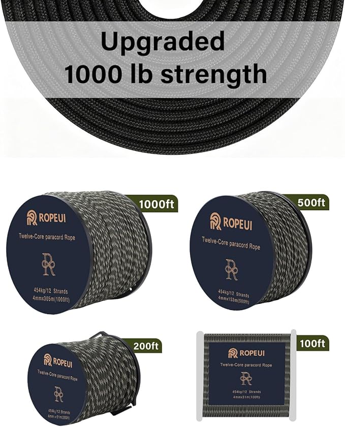 1000lb Paracord, 5/32" (4mm) 12 Strand Nylon Tactical Parachute Cord, 100ft–1000ft Utility Rope for Survival, Camping, Hiking, Outdoor Crafting, Bracelets & Clothesline