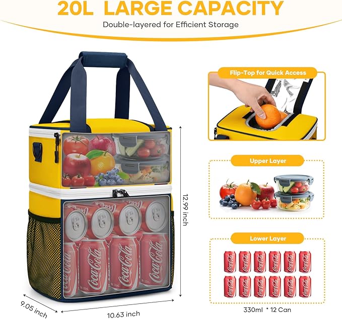 Maelstrom Lunch Box for Women, 20L Insulated Lunch Bag Men, Leakproof Double Deck Cooler Bag, Soft Lunch Cooler with Quick Access Flip-Top Lid for Work, Beach,Travel, Camping