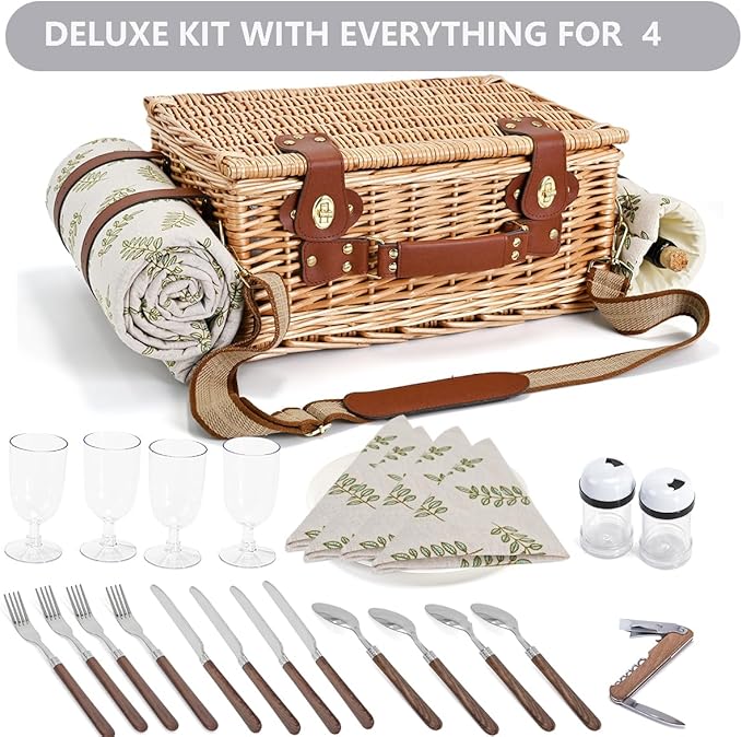 Picnic Basket with Blanket and Wine Pouch for 4, Wicker Picnic Set with Insulated Liner Cooler Bag Hamper for Camping,Wedding - Leaf