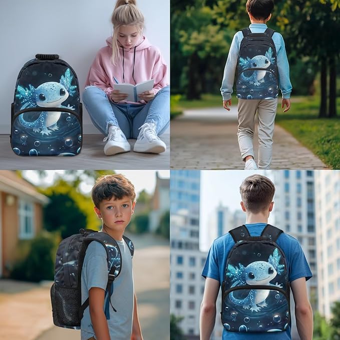 Axolotl Backpack and Lunch Box Blue Bookbag Lightweight Casual Bookbag and Lunch Box Set for Boys 4 Pcs Boys School Backpack 10-12 Years Old for Daypack Hiking Outdoor Travel