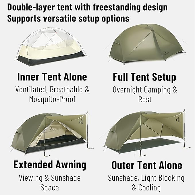 Naturehike 2025 Mongar Pro/Base Camping Tent, 1-3 Person Ultralight Backpacking Tent, 20D Nylon 3 Season Waterproof Mongar 2 Person Hiking Tent for Backpacker, Trip, Solo Camping