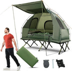 Tangkula 5-in-1 Tent Cot Combo With Awning, Air Mattress, Sleeping Bag, Pillow, Elevated Single Tent With Carrying Bag for Outdoor Camping, Hiking, Picnic, Travel