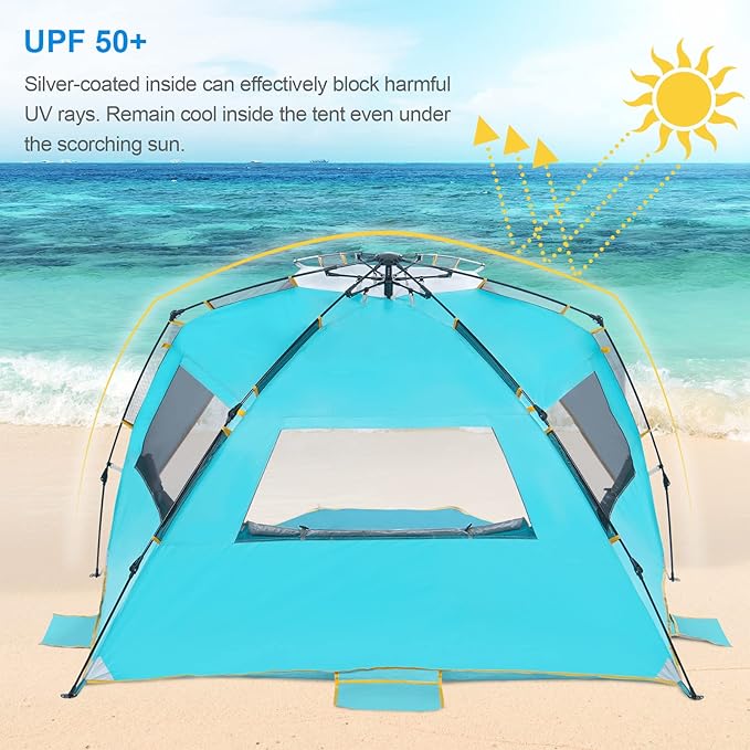 WolfWise 4-5 Person Beach Tent with UPF 50+ Sun Protection, Portable Ventilated Beach Shade Canopy with Extended Porch, Easy Setup & Windproof Design, Large, Blue