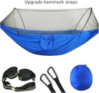 Compatible For Camping Hammock With Mosquito Net Pop-Up Light Portable Outdoor Parachute Hammocks Swing Sleeping Hammock Camping Stuff(Blue-6 rings)