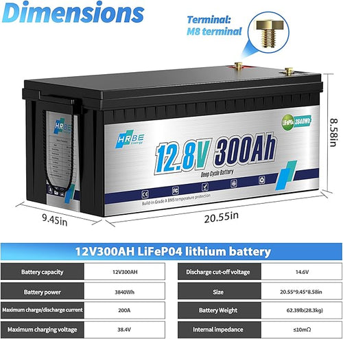 12V 300Ah LiFePO4 Battery, Built-in 200A BMS Lithium Marine Batteries, 5000+ Cycles 3840Wh Lithium Iron Phosphate Goldf cart Battery, Perfect for RV, Solar System, Trolling Motor, Camping