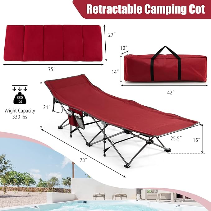 Goplus Camping Cot, Folding Camping Cot with Mattress, Pillow, Carry Bag, Storage Pocket, Camping Bed Military Cot for Home Office Nap Hiking, Heavy-Duty Portable Sleeping Cot for Adults Kids (Wine)