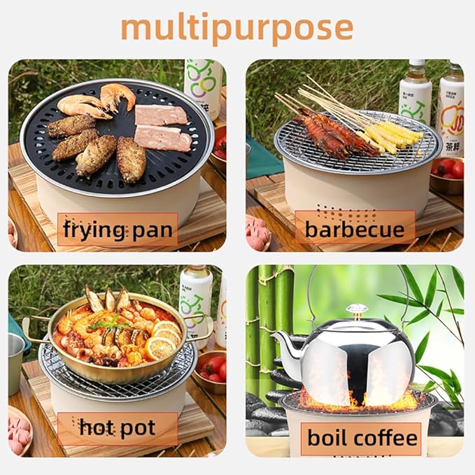 SANQIAHOME Stainless Steel Charcoal Portable Barbecue Grill, 10.5 Inches Non-Stick,Round,Barbecue or Hot Pot, Boiling Water,Charcoal Stove for Home Party Outdoor Camping