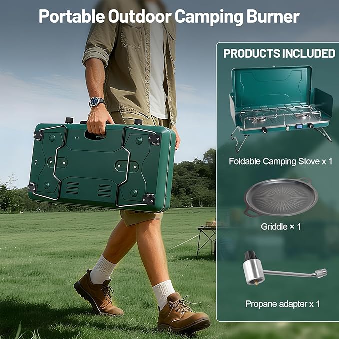 2 Burner Propane Stove, 20000BTU Portable Camping Stove with 2 Adjustable Burner and Wind Guards, Camping Cooktop with Ignition & Griddle for Camping,Tailgating, BBQ, Grilling,Outdoor Gear