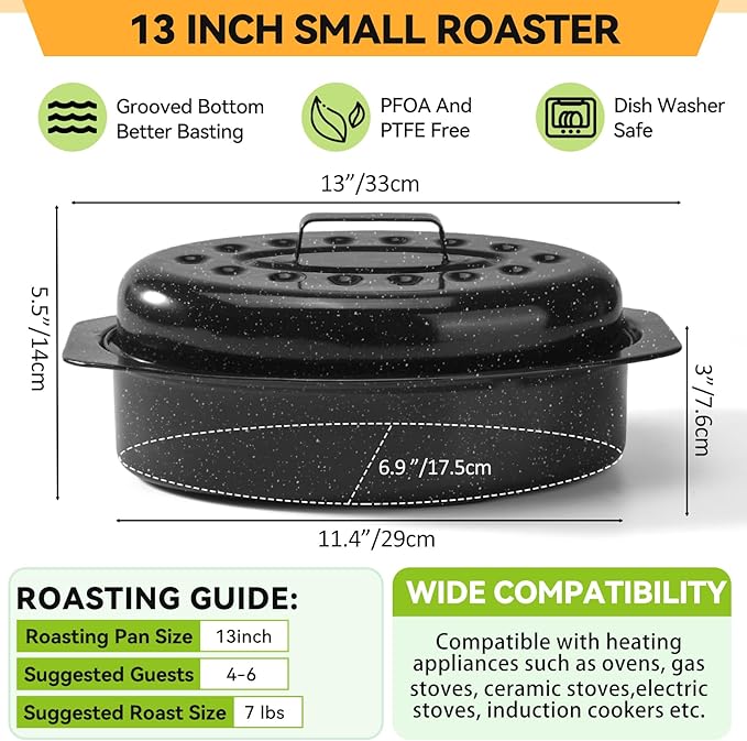 13” Roasting Pan, Turkey Roasting Pan, Small Oval Roaster Pan With Lid For 7 Lb Turkey, Chicken, Lamb, Beef, Vegetables, Casserole, Bread