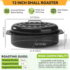13” Roasting Pan, Turkey Roasting Pan, Small Oval Roaster Pan With Lid For 7 Lb Turkey, Chicken, Lamb, Beef, Vegetables, Casserole, Bread