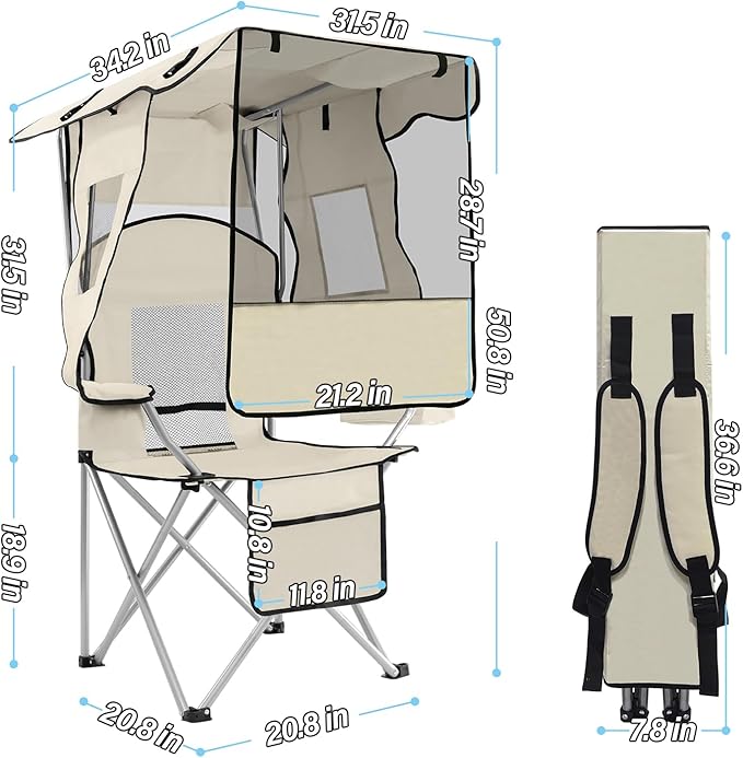 ptlsy Folding Camping Chair with Canopy, Beach Chair with Canopy Shade with Cup Holders, Cooler Bag for Camping, Fishing, Beach, Sports and Concert (White)