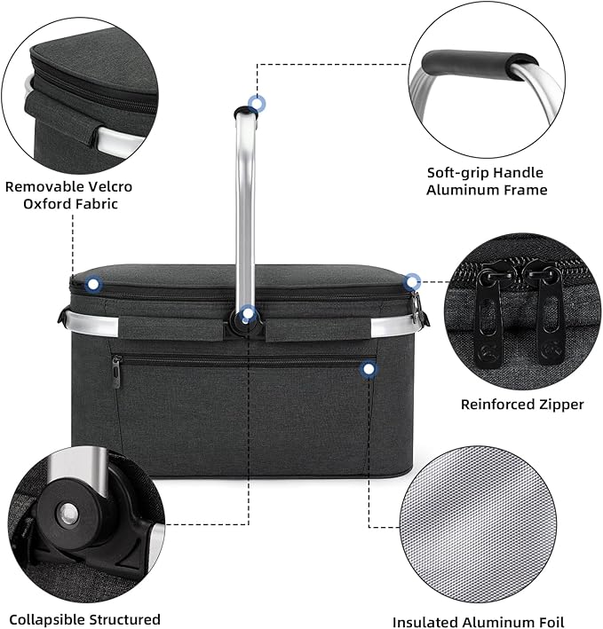 ALLCAMP Picnic Basket - 2 Ice Box Included 32L Insulated Cooler, Thickening Foldable Picnic Basket with Removable Baskets & Sewn-in Frame, Basket for House Warming Gifts New Home(Black)