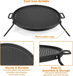 Onlyfire Cast Iron Griddle, Grill Cookware for Solo Stove Bonfire 19.5" Fire Pit and Yukon fire Pit, Portable Round Iron Pan with 3 Removable Legs for Outdoor BBQ Cooking & Camping