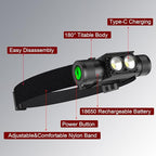 Headlamp Rechargeable, High Lumen Super Bright 180°Beam LED Head Lamp, Head Lights for Forehead, IPX6 Headlamps for Adults, 6 Modes, Fishing, Camping, Running, and Walking Dogs (H25A)