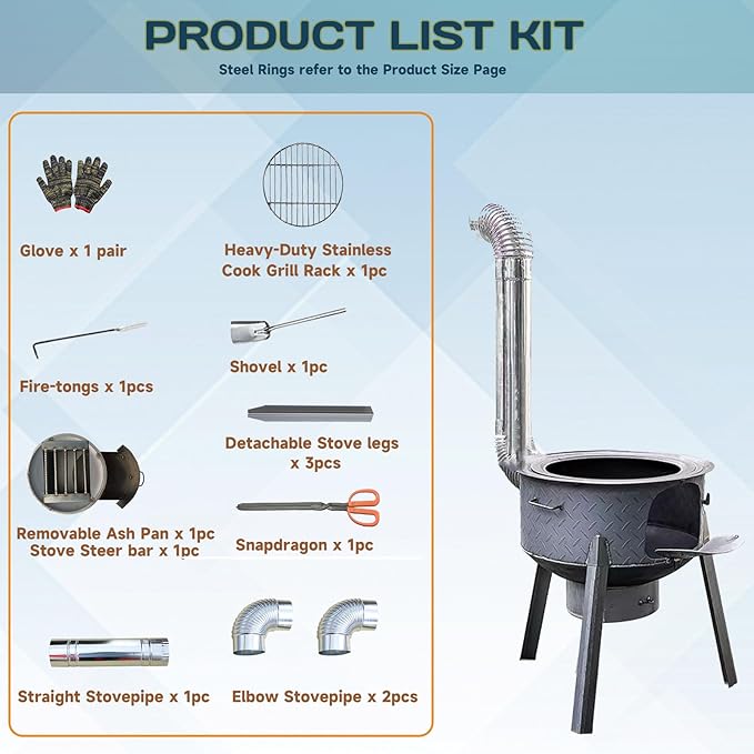 Multifunction Wood Burning Stove, 2.2mm Diamond-Pattern Steel Portable Grill,Rocket Stove with Large Grill Rack for Outdoor Cooking, Backyard, Camping & Off-Grid Living