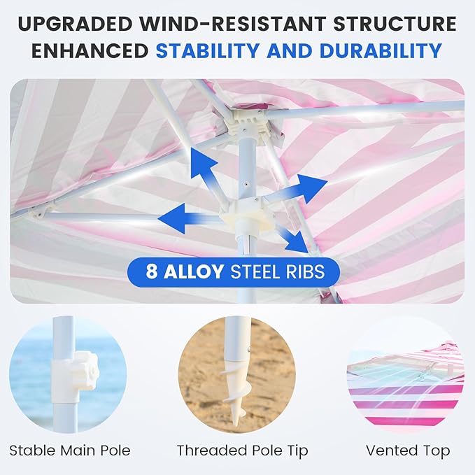 Zeraty Beach Cabana 8'×8', Portable Beach Canopy with Side Wall, Easy Pop Up UPF 50+ Silver-Coated Beach Tent Sun Shelter, Wind Resistant Adjustable Height Beach Umbrella Tent for Family, Pink