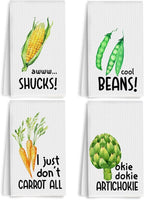 4Pcs Funny Kitchen Towels 24x14 Inch, Carrot Corn Beans Artichoke Waffle Weave Dish Towels for Kitchen Farmhouse Decor, White Absorbent Microfiber Hand Tea Towel, Housewarming Gifts for Women Mom
