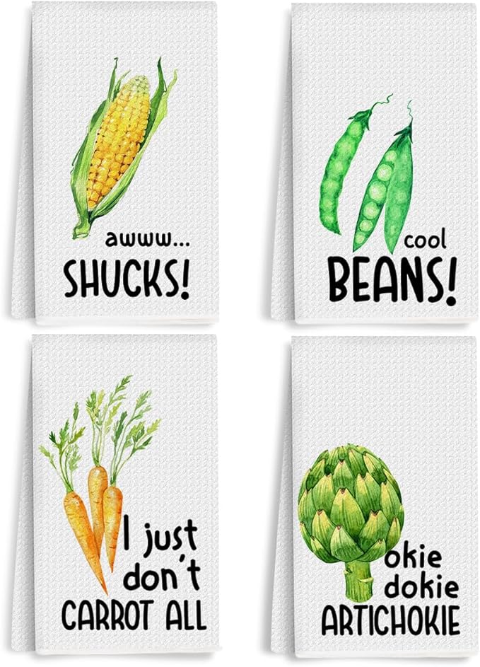 4Pcs Funny Kitchen Towels 24x14 Inch, Carrot Corn Beans Artichoke Waffle Weave Dish Towels for Kitchen Farmhouse Decor, White Absorbent Microfiber Hand Tea Towel, Housewarming Gifts for Women Mom