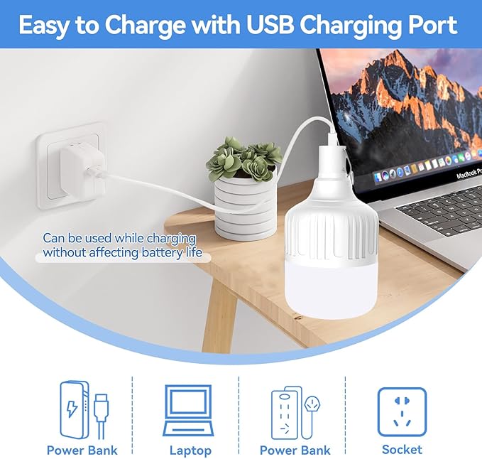 Emergency LED Light Bulb, 150W USB Rechargeable LED Emergency Light Bulb with 5 Lighting Modes, Portable Emergency Rechargeable Light Bulbs with Hook for Outdoor Picnic Camping Tent