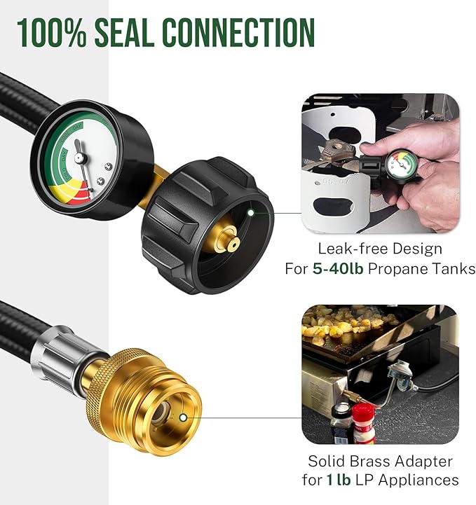 6ft Propane Hose Adapter 1lb to 20lb with Gauge, Propane Tank Adapters 1 lb to 20 lb Converter,5-40lb Propane Tank Hose Adapter for Buddy Heater/Weber Q Grill/Coleman Stove/Blackstone Griddle