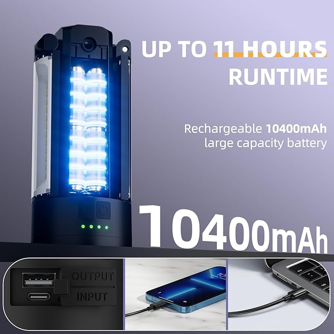 T-SUN Rechargeable Camping Light with Stand, 2 Pack LED Work Light 4100 Lumens with 4 LED Lamp Heads, Work Light with Detachable Tripod 67" Max Height, Magnetic Emergency Flashlight (Black)